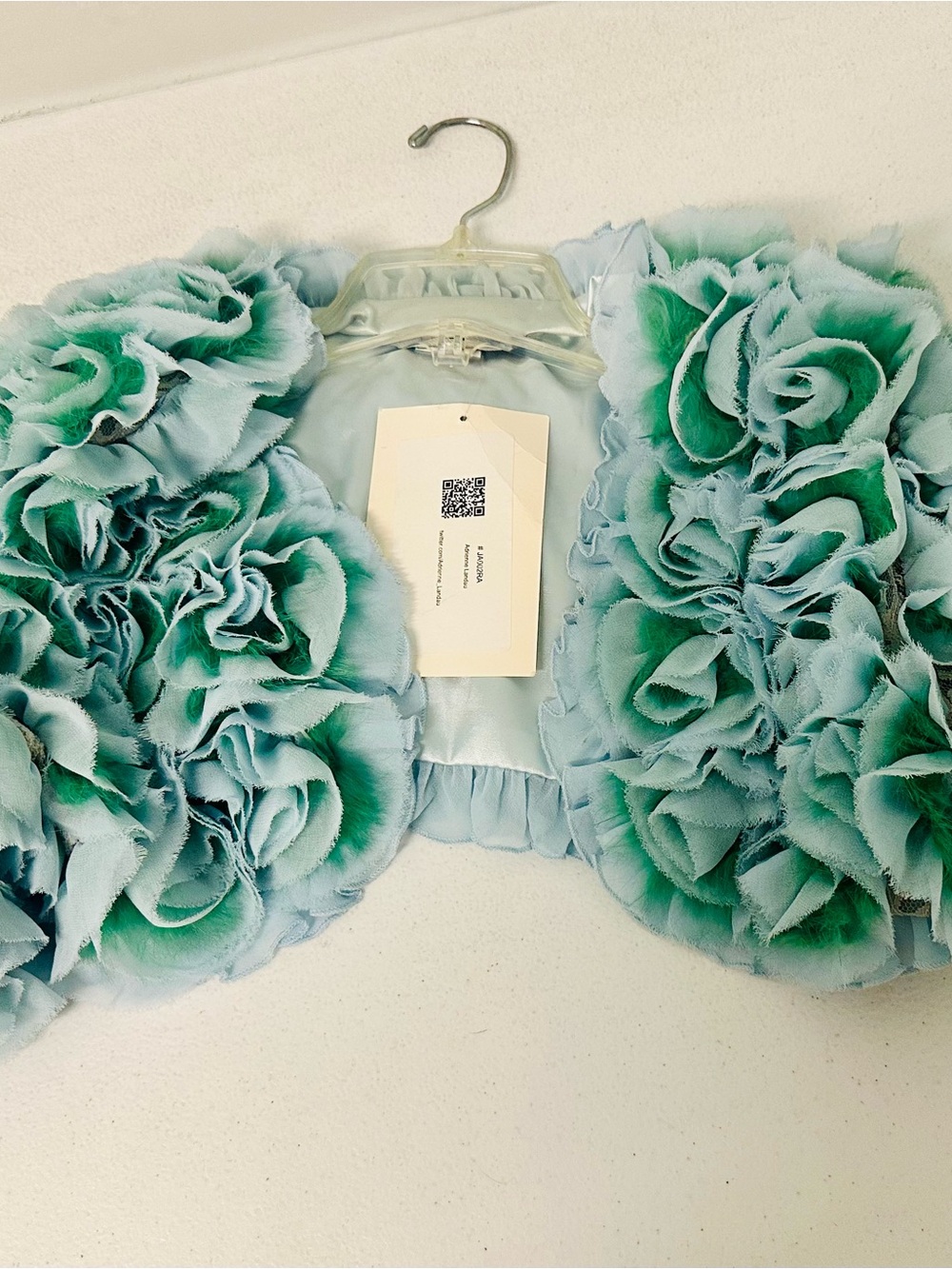 Adrienne Landau stunning Floral Ruffle Bolero Jacket - Aqua